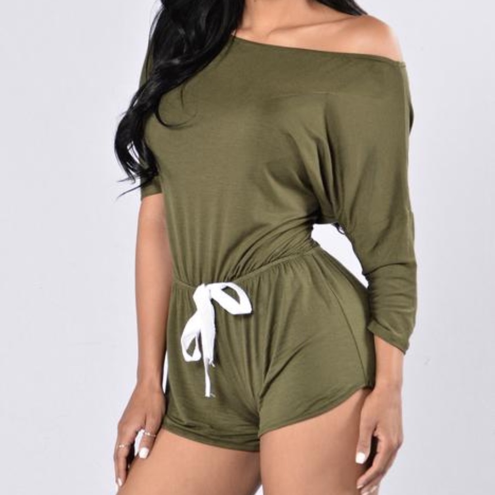 Fashion Nova Olive Green Off Shoulder Short Romper